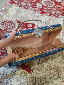 Blue Bandhni Printed Hand Clutch With Sling