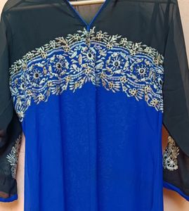 Blue Embroidery Tilla Work A line Kurti