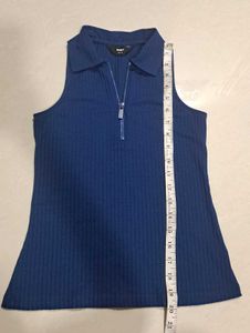 Navy Ribbed Zip-Up Sleeveless Top