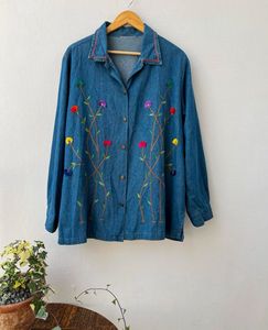 Vintage Flower Embroidered Denim Shirt