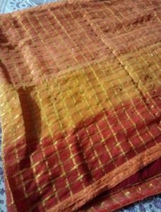 Orange &amp; Gold Checkered Saree