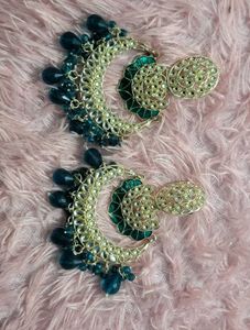 Teal Beaded Crescent Earrings