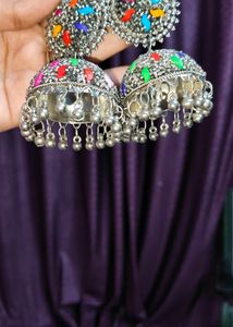 Silver Jhumka With Multi Colour Stone