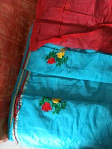Blue With Red Floral Design ChanderiCotton Saree