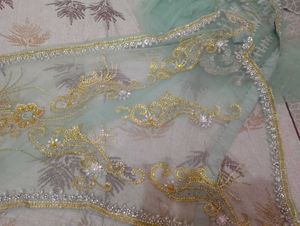 Aqua Net Saree with Silver and Gold Crystal Embell