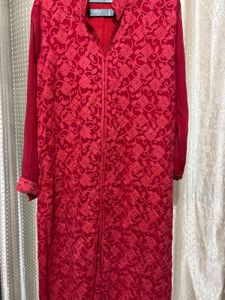 Red Chickankari Suit Set.