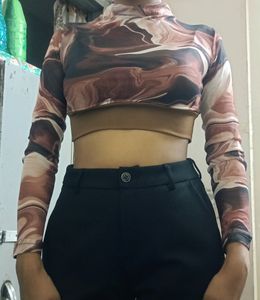 Full-Sleeves Printed Net Brown Crop Top
