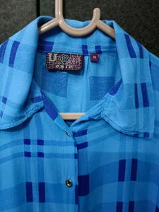 URBAN EHIE Cotton Checked Blue Shirt With Front Bu