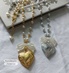 Anime Style Heart Locket Pearl Bow Necklace