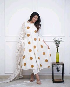 White &amp; Brown Polka Dot Anarkali Suit
