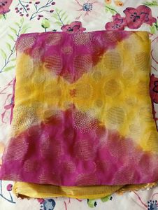 Chiffon Yellow And Pink Saree with Blouse