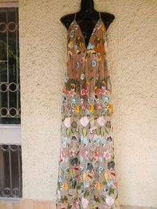 Floral Embroidered Net Maxi Dress with bodysuit