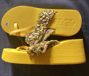 Yellow Floral Flip Flops - Size 36