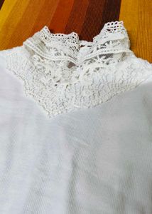 Women White Lace Neck Design Cotton Casual Top