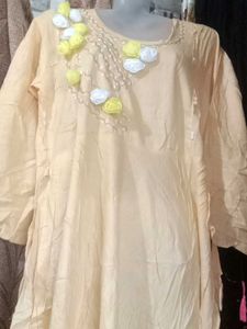Elegant Lemon Beige Kurti – Floral Charm &amp; Comfort