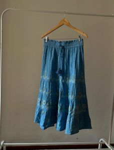 Linen Blue Embroidered A-Line Skirt