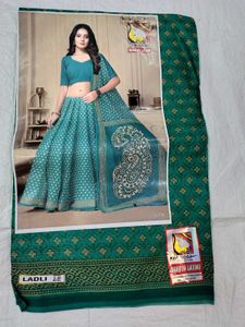 Green Cotton Printed Saree With Blouse & Peticoat