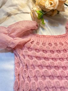 Pink Knit Top with Sheer Sleeves