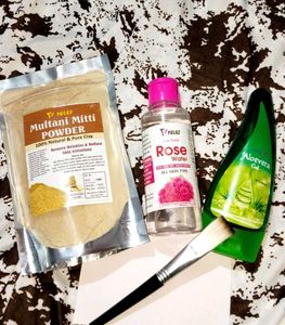 💥Multani Mitti,Rosewater,Aloevera Gel,Brush Combo