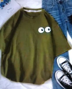 Olive Green Tee with Googly Eyes Graphic