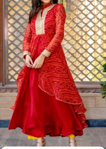 Bandhani Printed Layered High Slit Gown