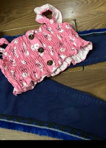 Cute Pink Floral Top &amp; Fringed Jeans Set