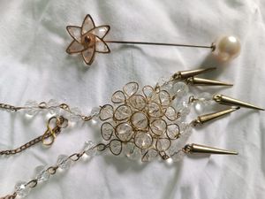 Combo White - Golden Crystal Locket Chain And Pin