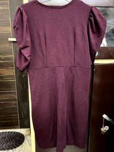 Burgundy Puff Sleeve Wrap Dress