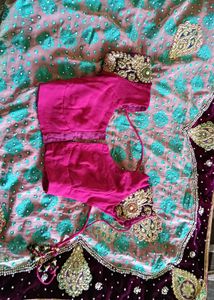 Heavy Women Cyan And Pink StoneWork Saree