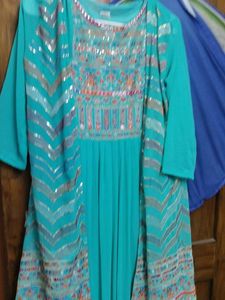 Teal Embellished Dress &amp; Jacket Set