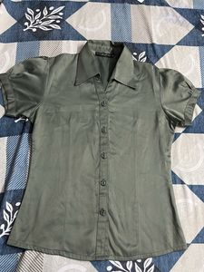 Green Button-Down Top Satin