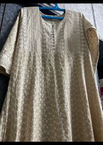 Chiku Colour Pure Chikankari Kurti Gown .