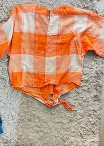 AND Orange Plaid Tie-Front Top