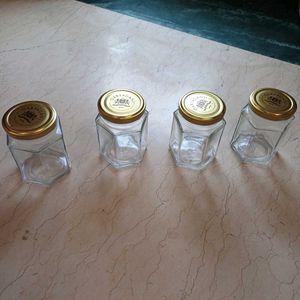 Set Of 4, Hexagon 200 ml Glass Kitchen Jars