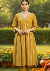 Yellow Aliacut Embellished Kurta Set