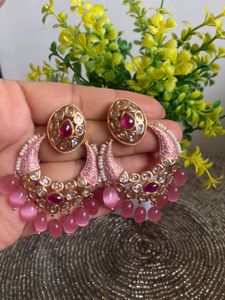 Pink Kundan Chandbali Earrings