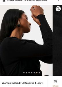Women Ribbed Full Sleeves T-shirt - black