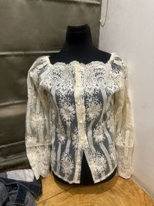 Vintage Cream Lace Blouse with Pearl Buttons