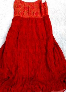 Red Cotton +chiffon Frill Dress
