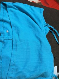 Blue Ribbed Tie-Front Crop Top