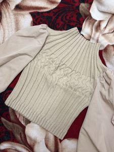 Beige Knit &amp; Puff Sleeve Top