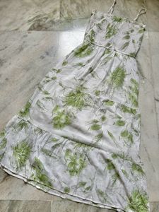 White And Green Printed Cotton Tied Dress