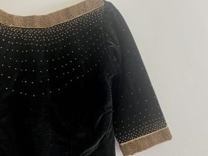 Gold  Skirt And Black Embellished Velvet Top
