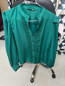 Emerald Green Lace Trim Blouse