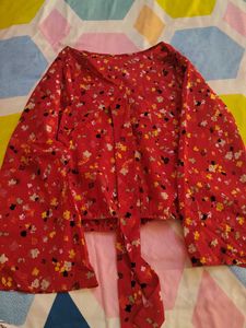Red Floral Tie-Neck Blouse
