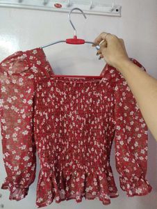 Floral Smocked Red Top