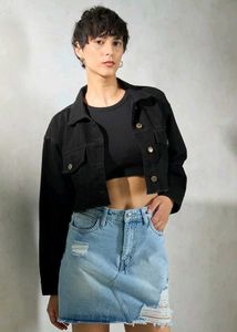 Virgio Black Cropped Denim Jacket, XL Size