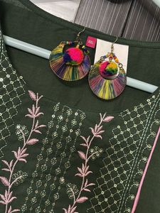 Green Embroidered Kurti with matching ear
