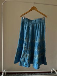 Linen Blue Embroidered A-Line Skirt