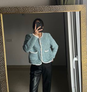 Powder Blue Wool Blend Boucle Cardigan